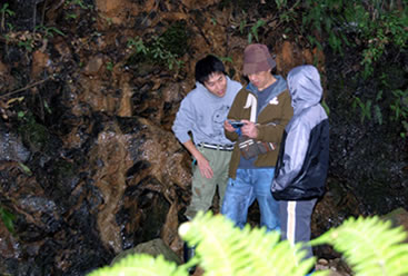 崖を登ってイシカワガエルを観察するメンバー